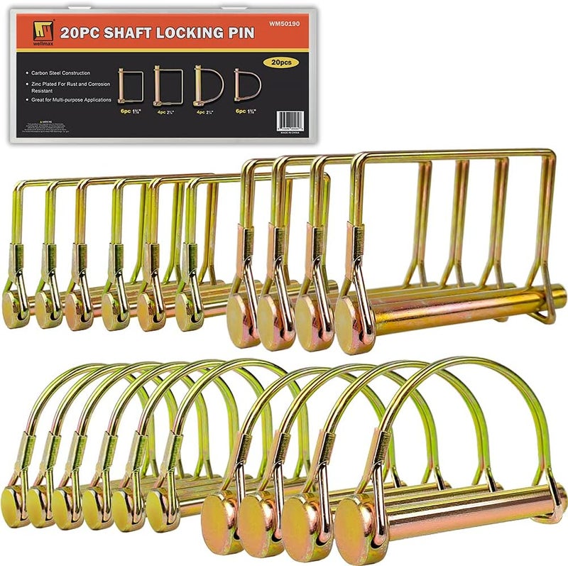 Wellmax 20 Pcs Shaft Locking Pin in 1/4", 5/16" and 3/8" Diameter Zinc-Plated Heavy Duty Safety Pins, Trailer Hitch Pin for Trailer Lock and Hitch Pin Lock for Farm Lawn Garden Wagons, Gold Color - Image 1